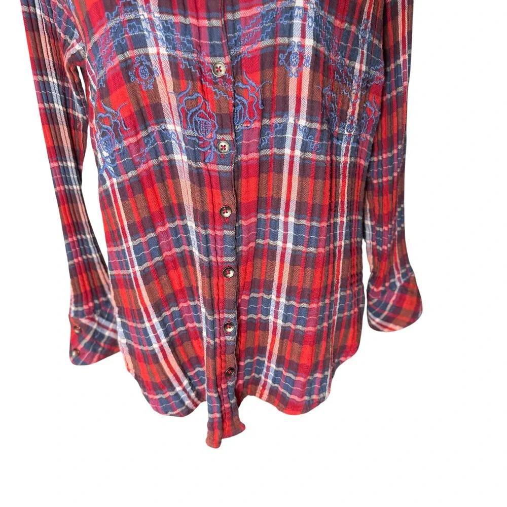 Free People Magical Plaid Embroidered Floral Button Down Shirt Small Flannel GUC